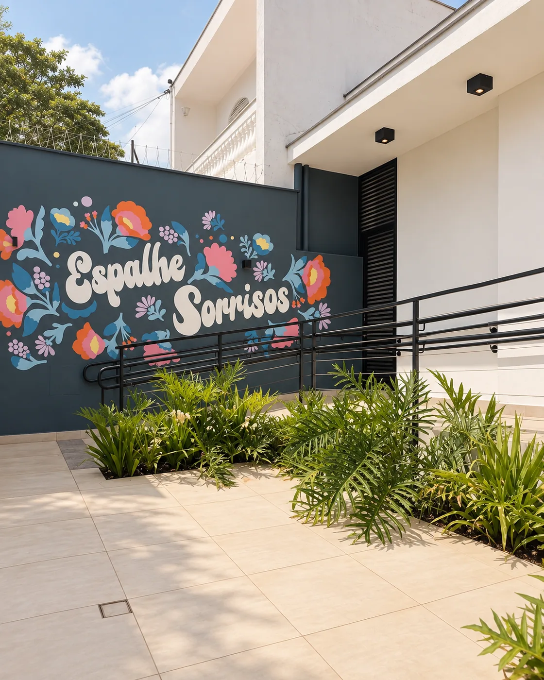 Entrada da clínica com mural Espalhe Sorrisos